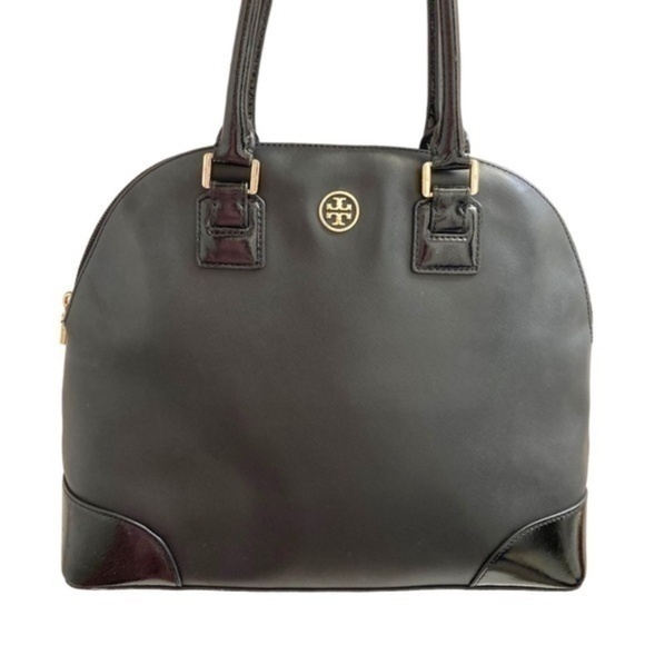 Tory Burch black saffiano leather Robinson dome satchel bag